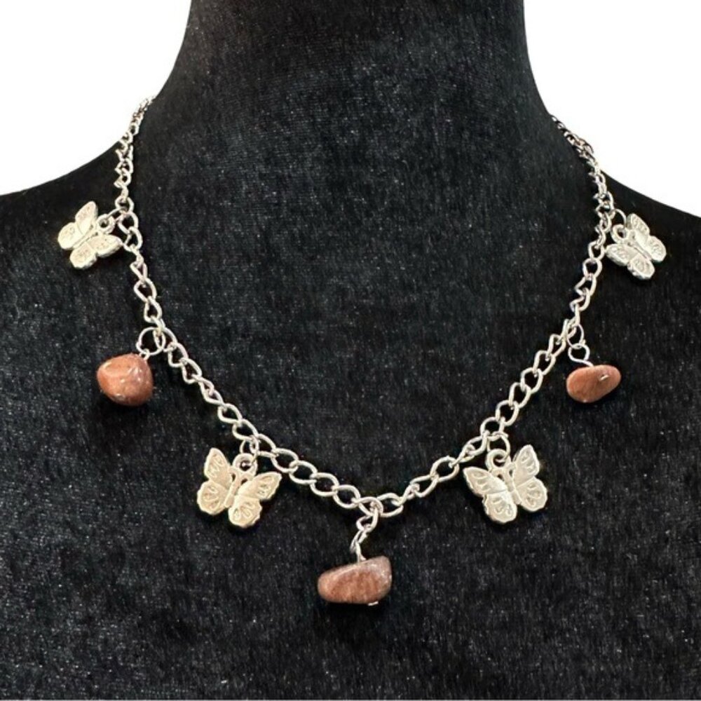 Butterfly Charm Necklace With Brown Stone Accents On Silver-Tone Chain